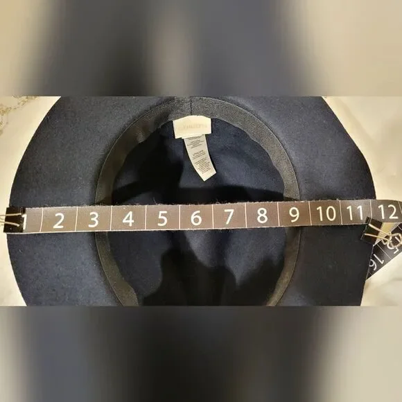 Chico's Woman's Classic Fedora Hat Dark Blue 100% Wool Tan & Gold Trim ~7.5 in - Picture 6 of 11